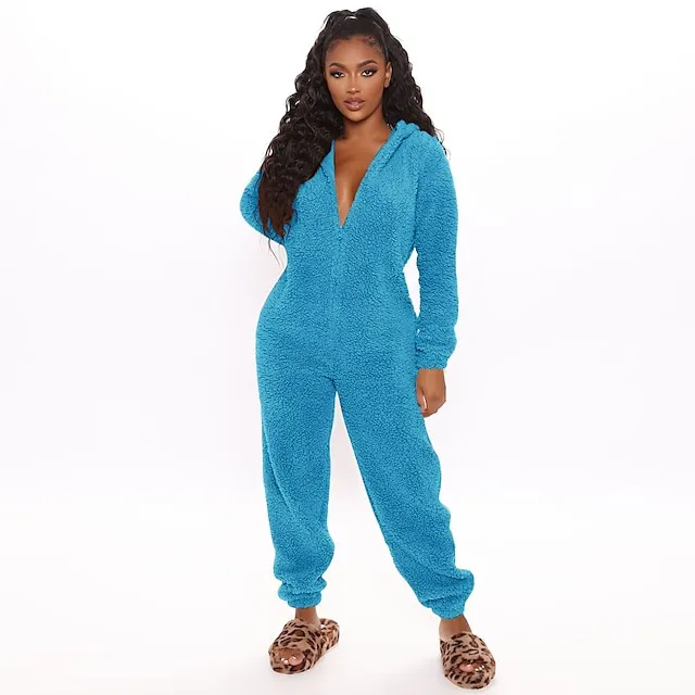 Women's Flannel Adult Onesies Onesie Pajamass Pajama for Adult Jumpsuits Nighty Pure Color Simple Comfort Party Home Christmas  Warm Gift Hoodie Long Sleeve Fall Winter Black