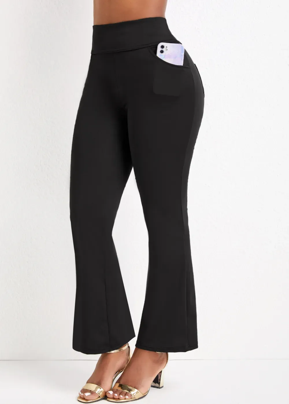 Black Pocket Flare Leg Elastic Waist Pants