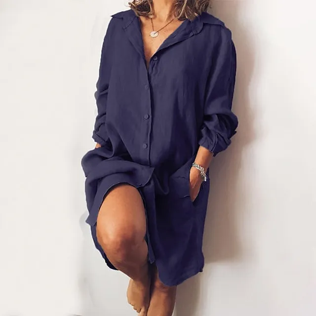 Women's Shirt Dress Casual Dress Cotton Linen Dress Midi Dress Cotton Blend Simple Basic Home Street Daily Shirt Collar Pocket Long Sleeve Summer Spring Fall 2023 Loose Fit Black White Yellow Pure