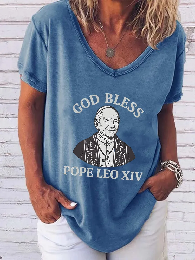 Women'S God Bless Pope Leo Xiv Round-Neck Short-Sleeved T-Shirt