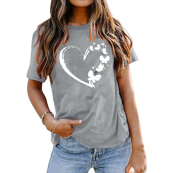 Women's T shirt Tee Cotton 100% Cotton Butterfly Heart pea green Black White Basic Print Short Sleeve Home Daily Date Basic Round Neck Regular Fit T-shirt Sleeve Summer