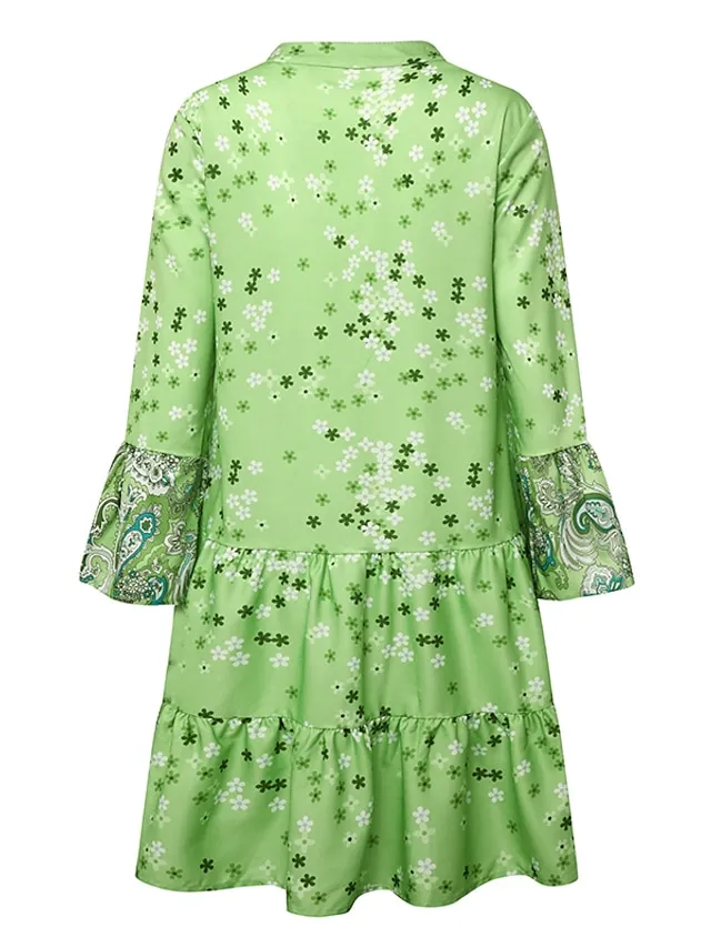 Women‘s Shift Dress Boho Dress Knee Length Dress Pink Long Sleeve Floral Ruffle Smocked Print Summer Spring V Neck Boho Casual Flare Cuff Sleeve 2023 4XL