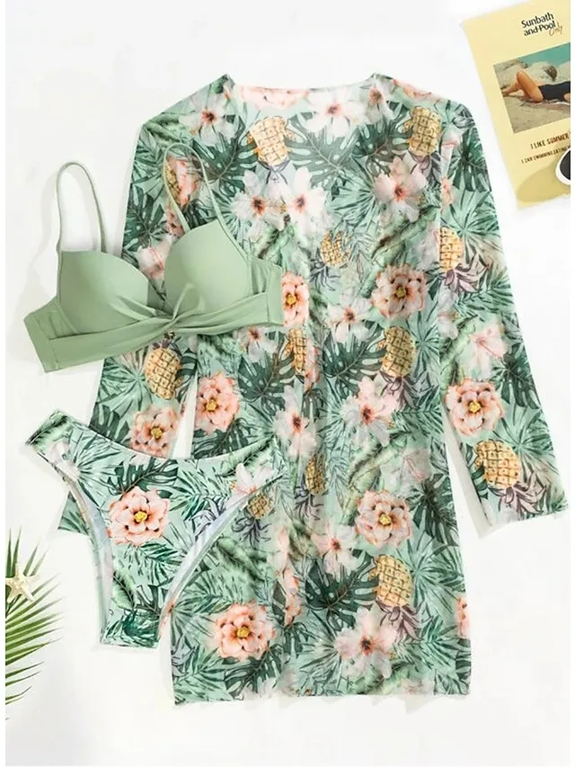 Women's Swimwear Bikini Three Piece Normal Swimsuit 2 Piece Open Back Sexy Printing Leaves Pink Blue Orange Green V Wire Bathing Suits New Vacation Fashion