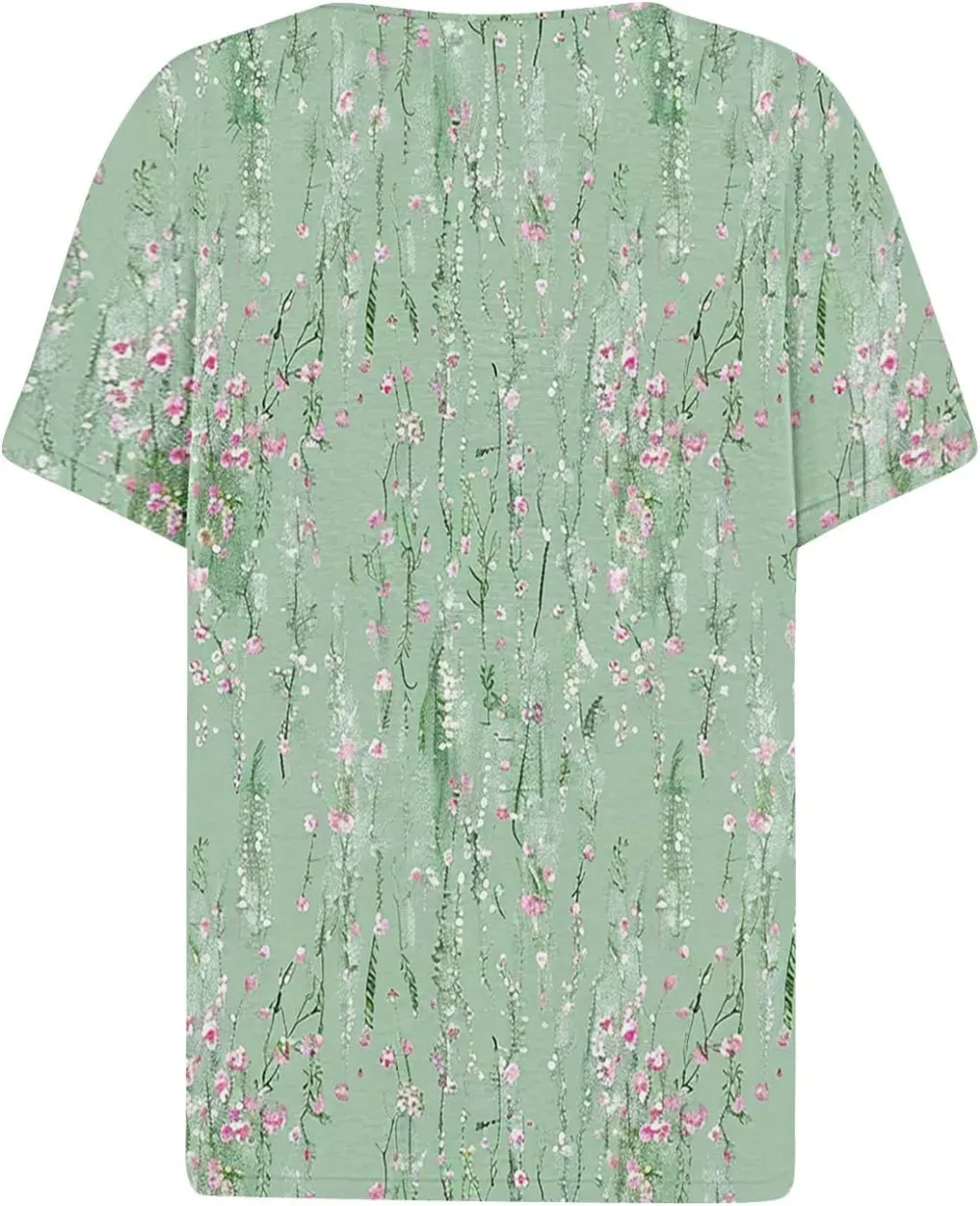 Shirts for Women Casual Printed Summer Tops Short-Sleeved Button V-Neck Tops Blouse Fashion Boho T-Shirts