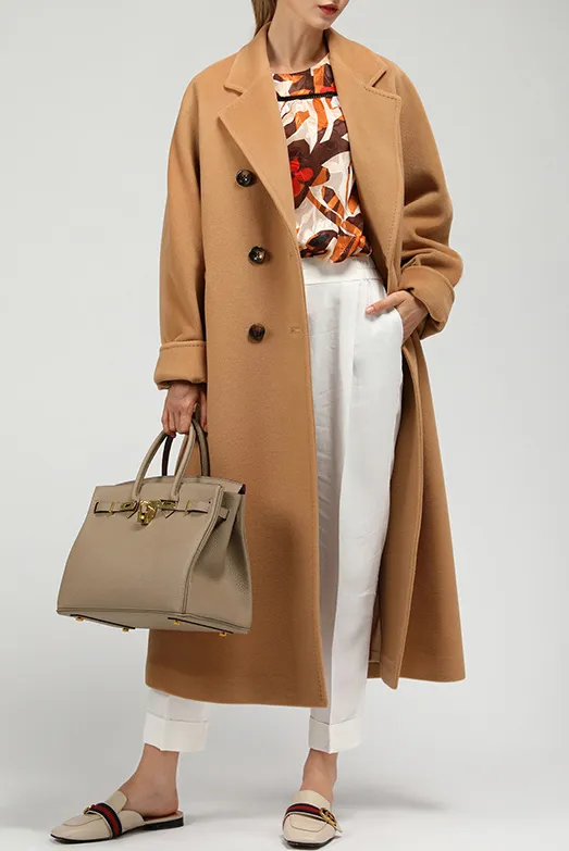 Solid double breasted cashmere lapel coat