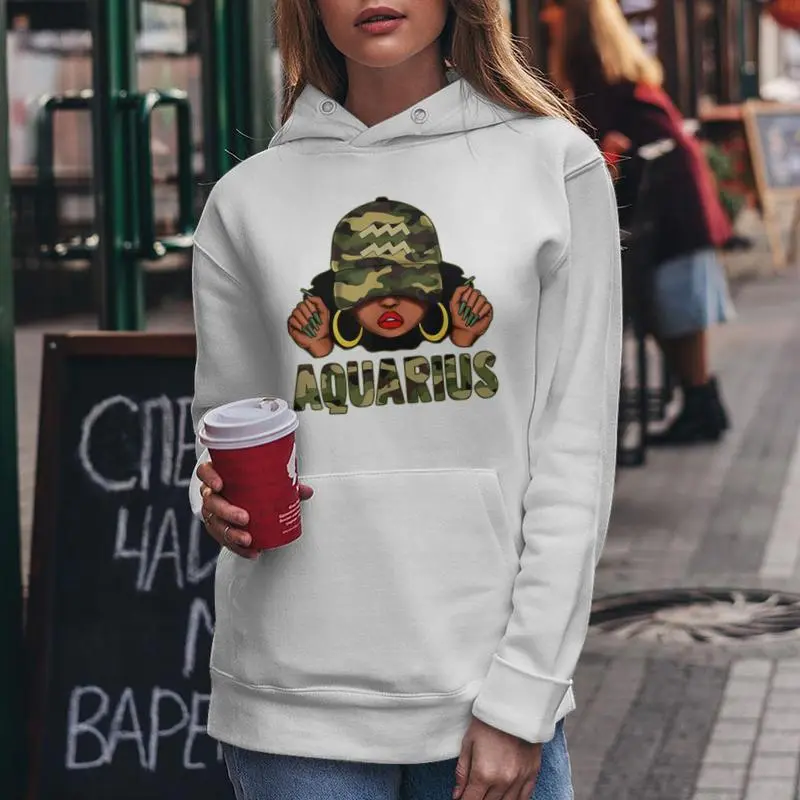 Aquarius Queen Black Woman With Cap Camo Afro Girl Zodiac Women Hoodie