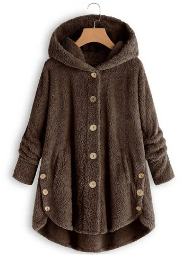 Women's Teddy Coat Fleece Sherpa Jacket with Hood Teddy Bear Jacket Windproof Warm Winter Coat Comtemporary Stylish Plush Jacket Long Sleeve Leopard Black Pink Wine