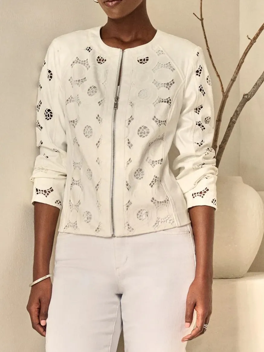White Embroidered Zip - Front Jacket