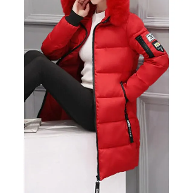 Women's Parka Long Puffer Jacket Windproof Thermal Warm Heated Coat with Pockets Winter Coat with Fur Collar Hood Long Sleeve Full Zip Black White Pink
