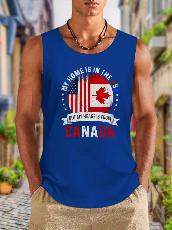 Men'S My Home Is In The Usa But My Heart Is From Canada Round Neck Cotton Vest
