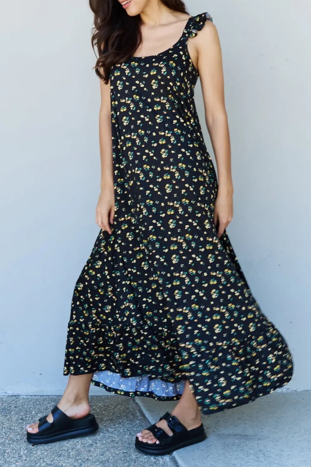 Elegant Black Temperament Floral Long Dress
