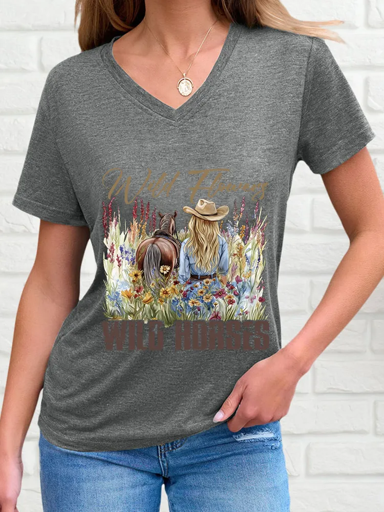 Woman's Wild Flowers Wild Horses V-Neck And Short Sleeves T-Shirt