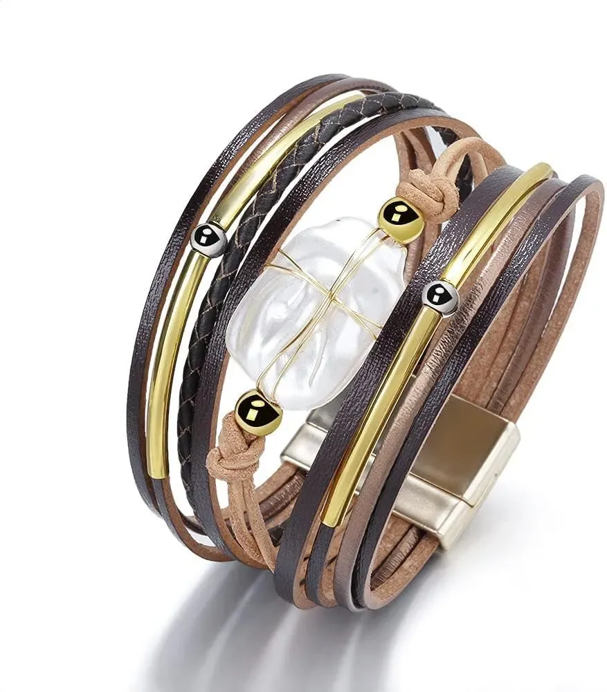 Fesciory Leather Wrap Bracelets for Women, Boho Leopard Multi-Layer Crystal Beads Cuff Bracelet Jewelry