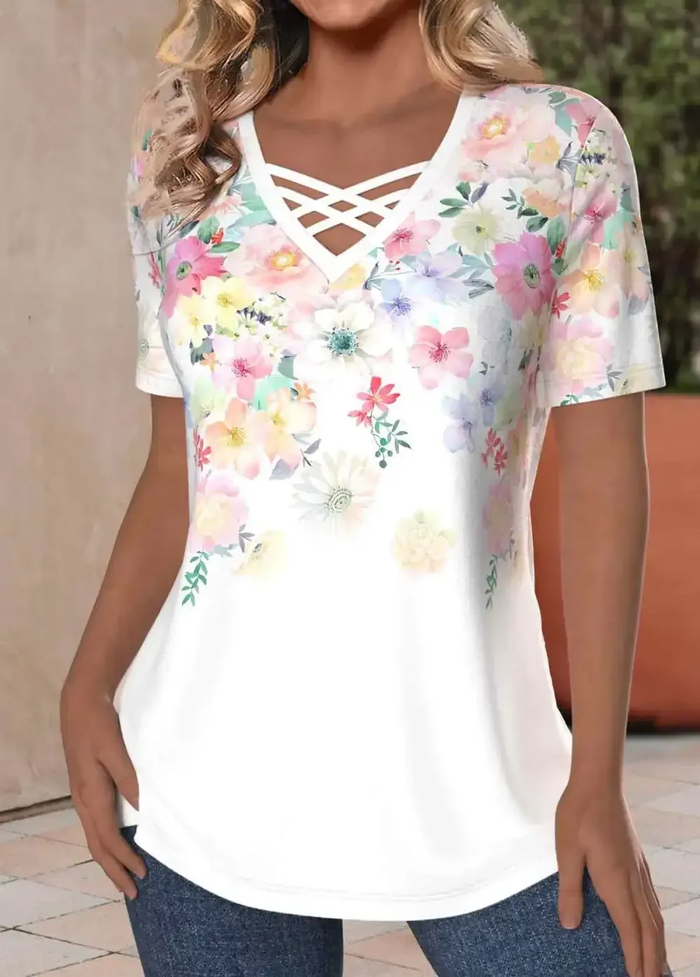 White Criss Cross Floral Print Short Sleeve T Shirt