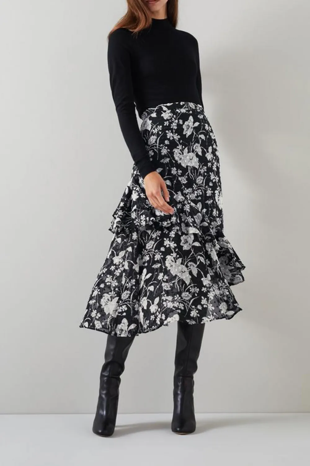 Black Cream Floral Print Tiered Midi Skirt