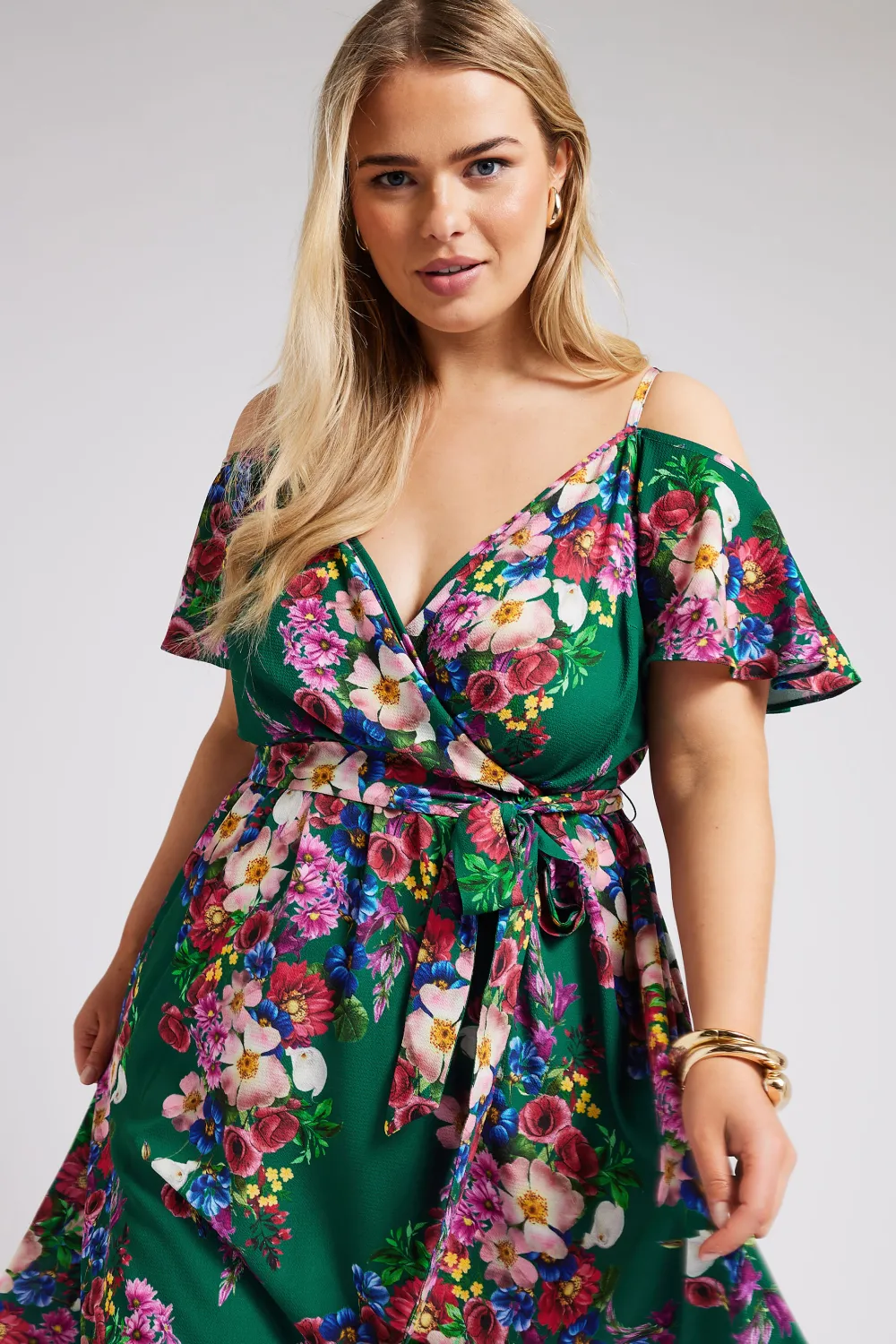 YOURS LONDON Curve Green Floral Print Cold Shoulder Wrap Dress