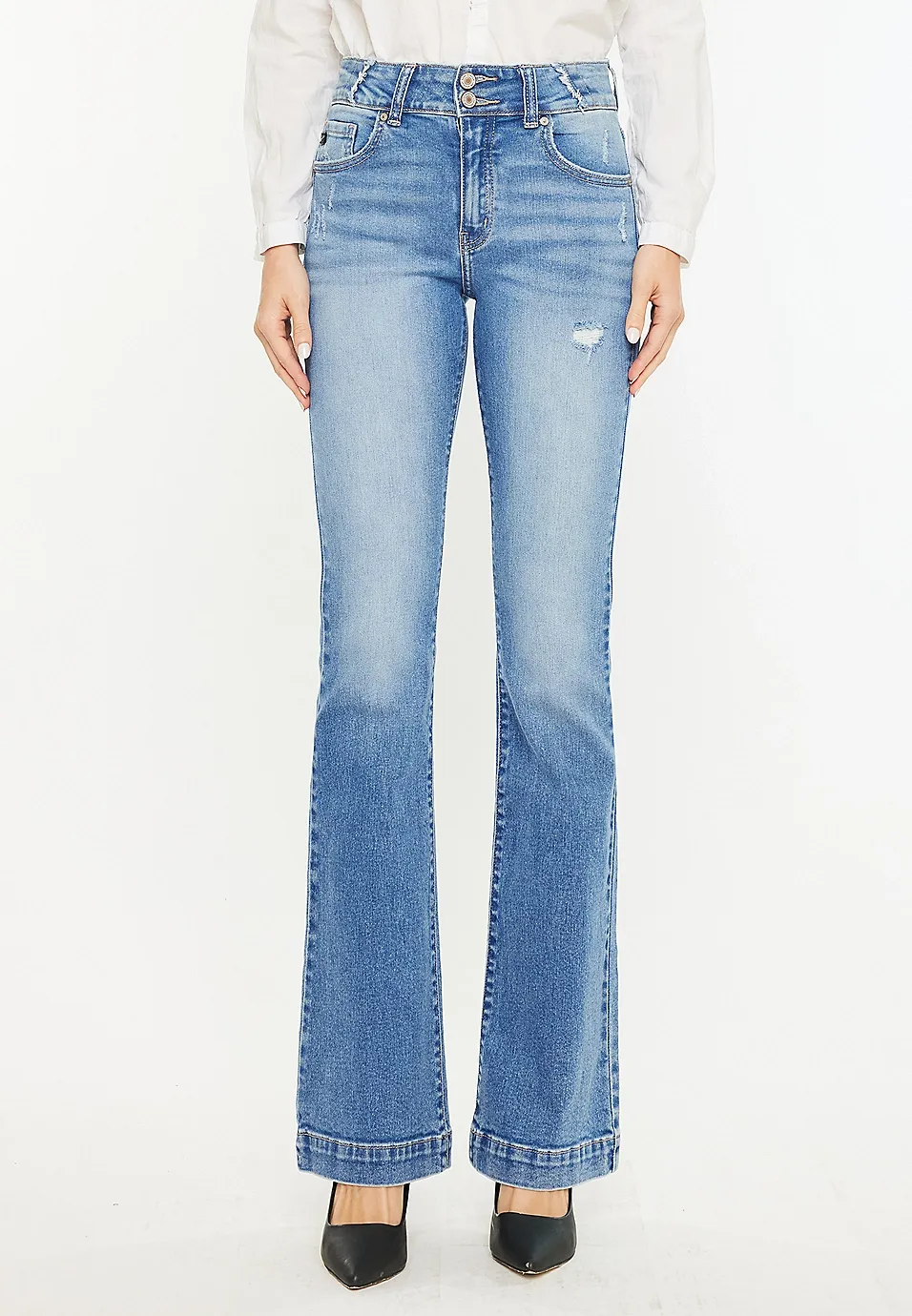 High Rise Double Button Wide Hem Flare Jean