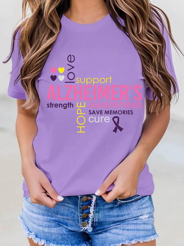 Women's Alzheimer's Disease Awareness Floral Print Round-Neck T-Shirt