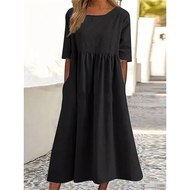 Women's Casual Dress Cotton Dress Swing Dress Midi Dress Cotton Basic Casual Outdoor Daily Crew Neck Pocket Smocked Half Sleeve Summer Spring Fall 2023 Loose Fit Light Blue Black White Pure Color S M