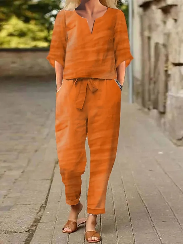 Women's Loungewear Sets 2 Pcs Cotton Blend Abstract Flower Casual Comfort Home Street Daily  Breathable Stand Collar Half Sleeve Pullover Pants Pocket Belt Included Summer Spring White Light Green