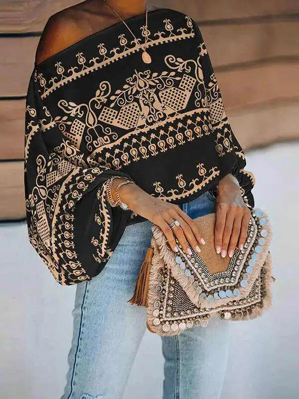 Simple Loose Off-The-Shoulder Geometric Printed Puff Sleeves T-Shirt Top