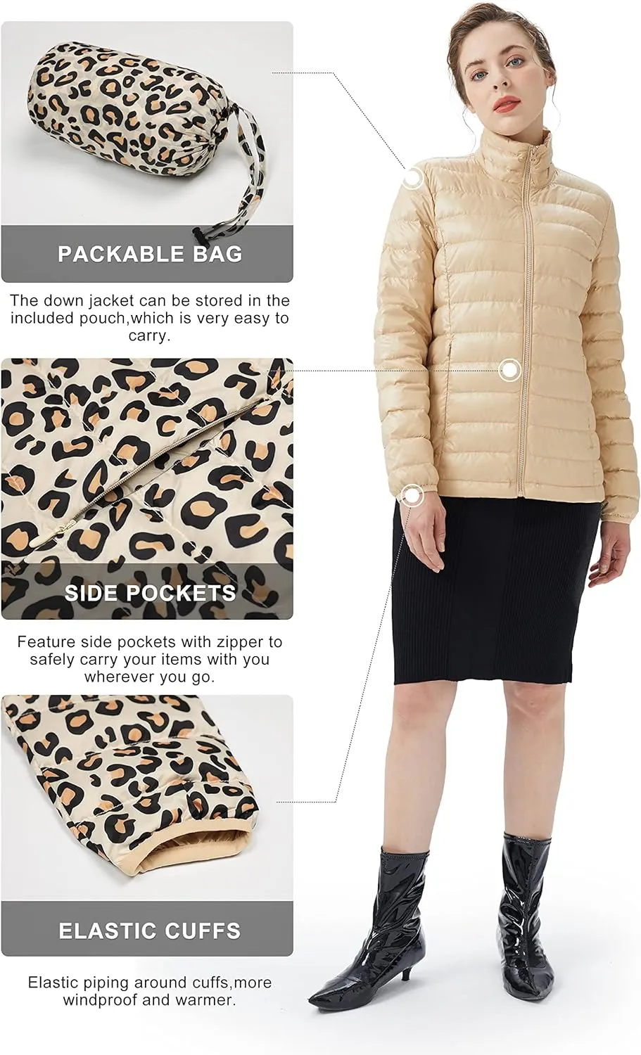 Women's Lightweight Packable Down Jacket Quilted Puffer Coat with Stand Collar