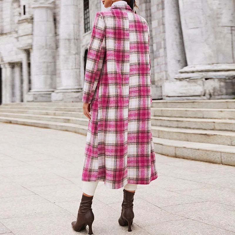 Rose Red Plaid Lapel Coat