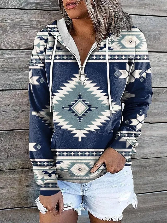 Women's Hoodie Sweatshirt Pullover Vintage Sports Basic Zipper Drawstring Front Pocket Light Yellow Creamy-white smoke grey Geometric Tribal Aztecs Street Casual Hoodie Long Sleeve Top Micro-elastic
