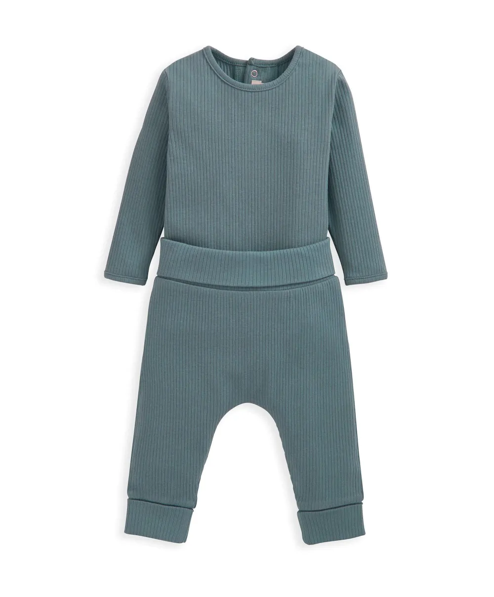 Organic Ribbed Bodysuit & Bottoms - Blue