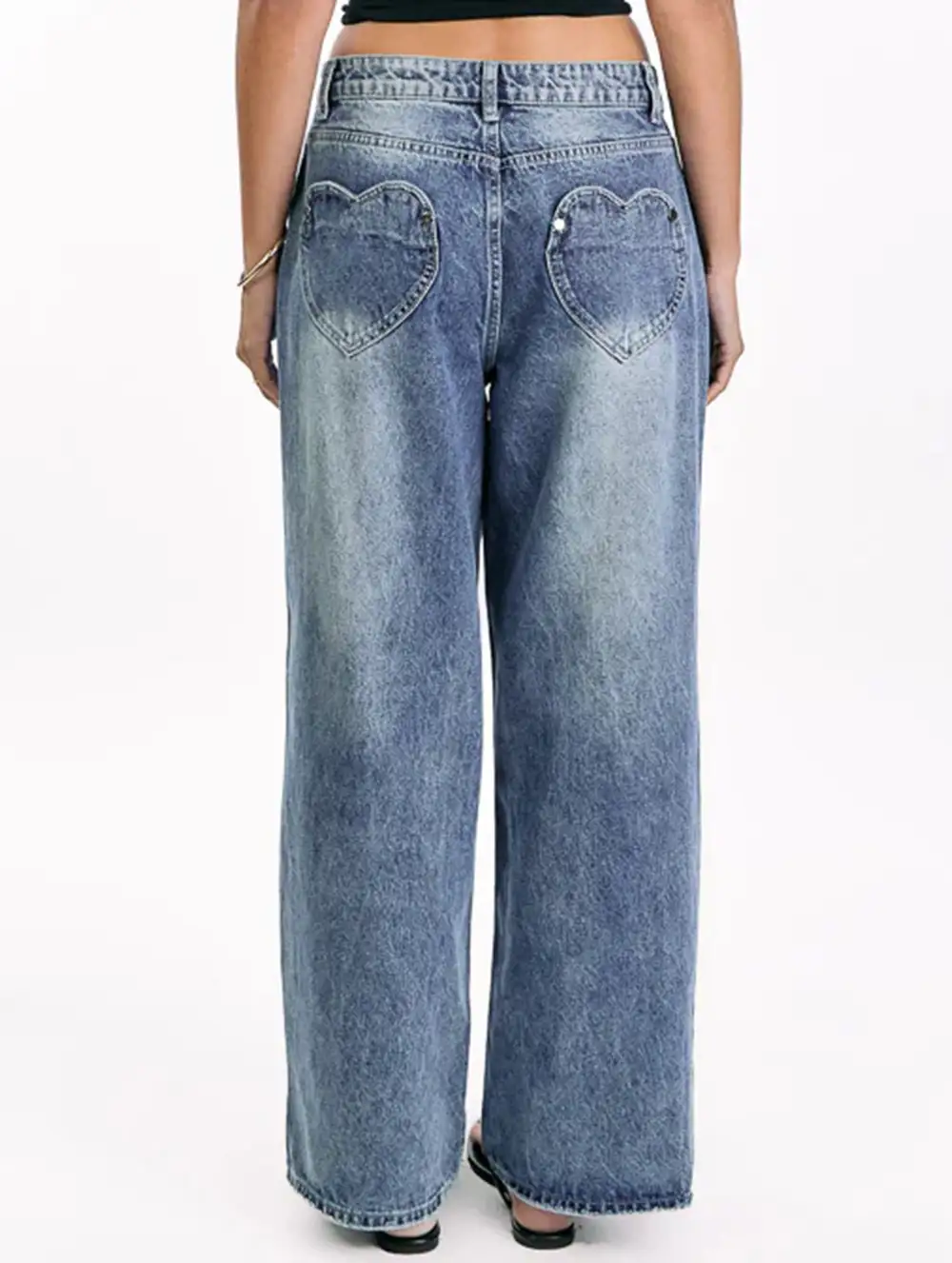Retro Washed Heart Patterned Wide-Leg Jeans