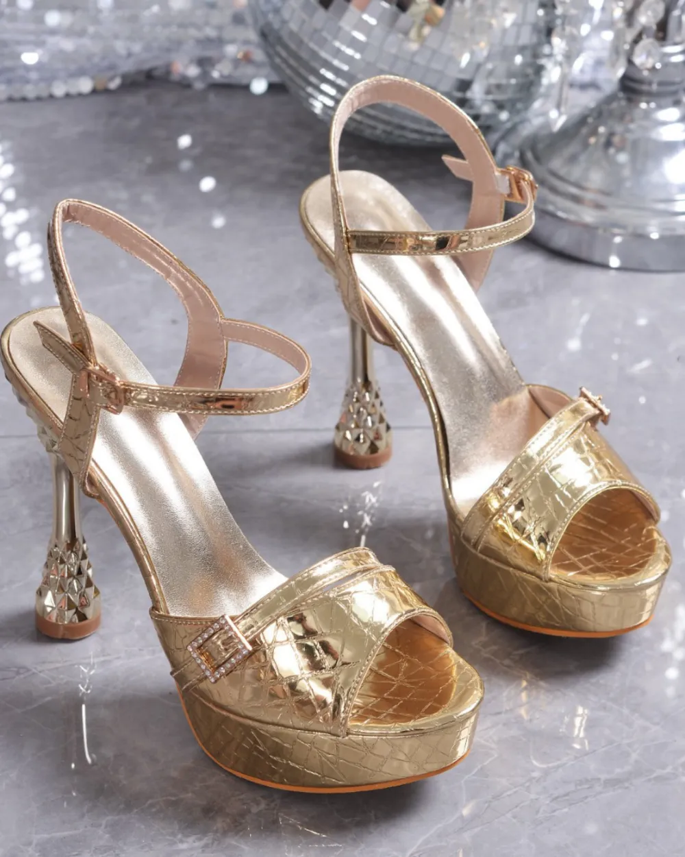 Texture Platform Flared Heel Sandals in Gold