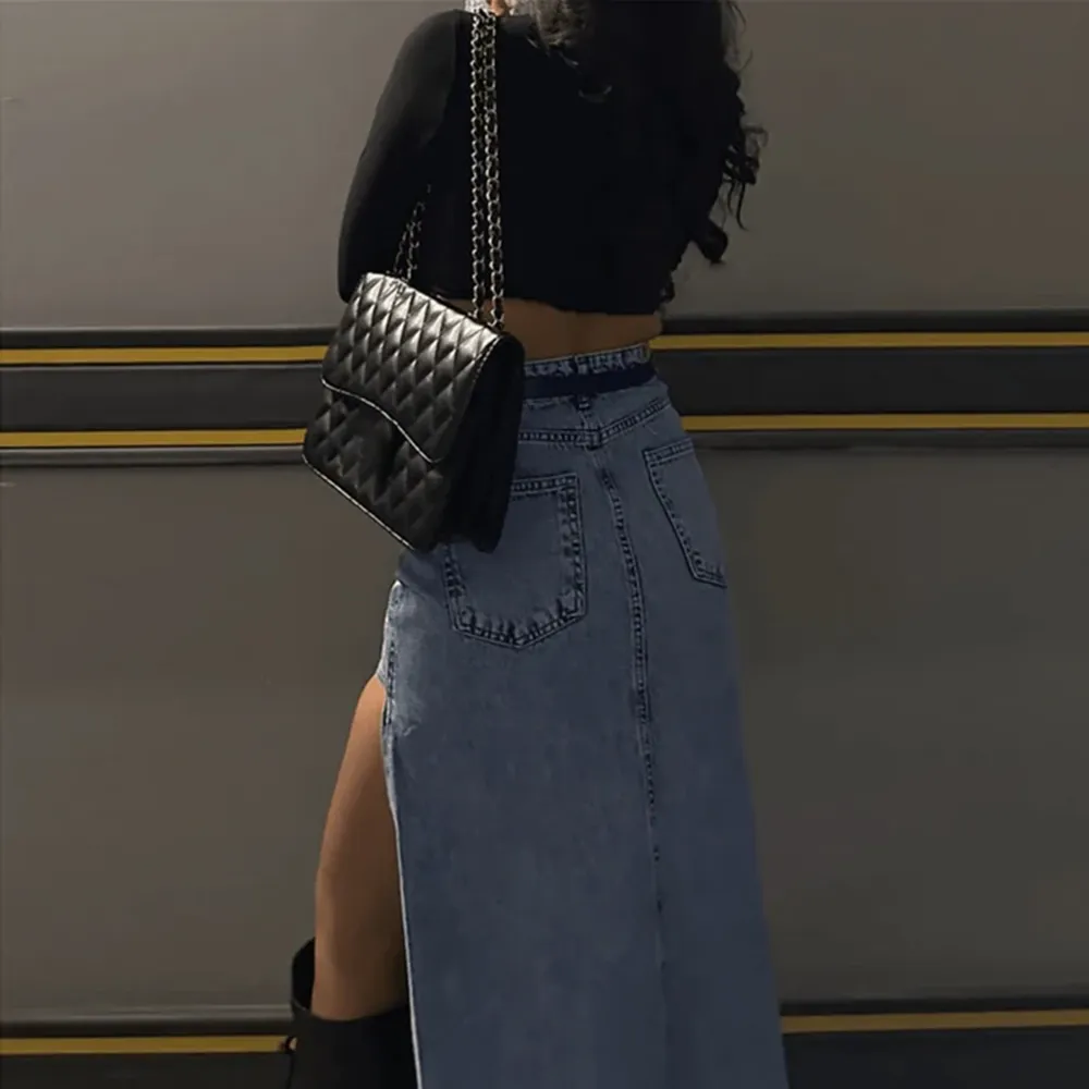 Denim Dreamz High Waist Slit Midi Skirt