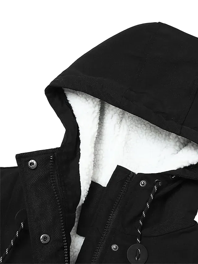 Women's Parka Fleece Lined Puffer Jacket Waterproof Windproof Winter Coat Fall Zipper Hooded Heated Jacket with Pocket Minimalism Outerwear Long Sleeve Black Army