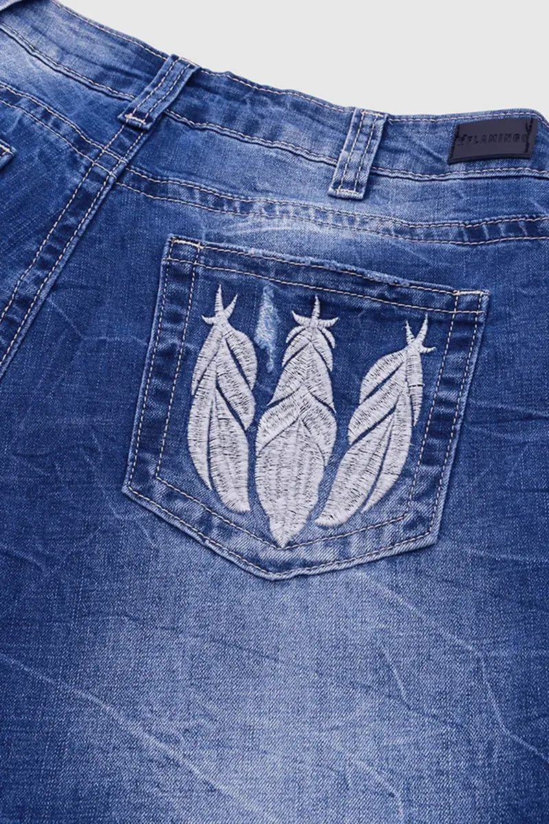 Vintage Feather Pattern Ripped Low Waist Bootcut Jeans