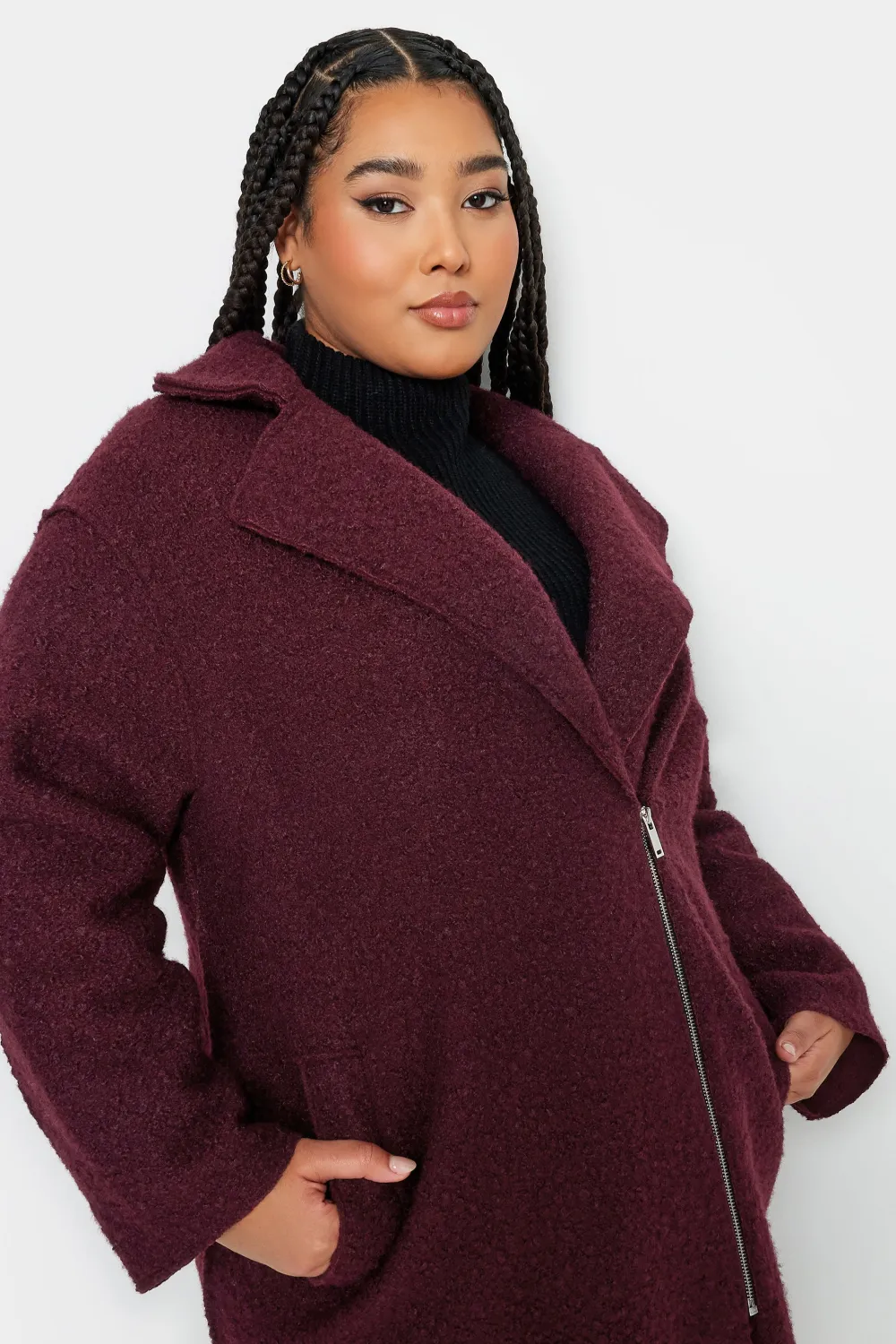 YOURS Curve Burgundy Red Boucle Biker Coat