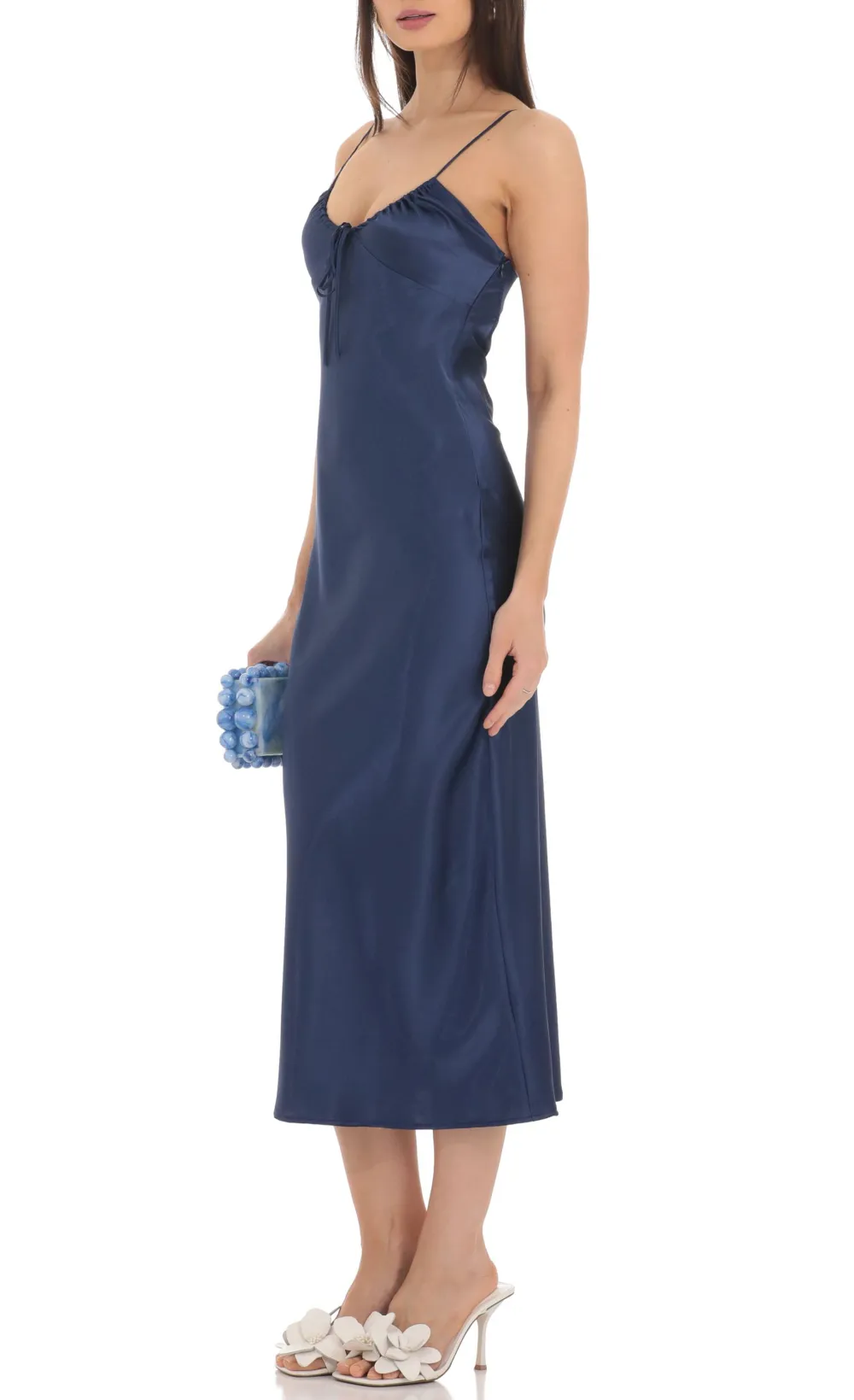 Satin Open Back Midi Dress in Navy