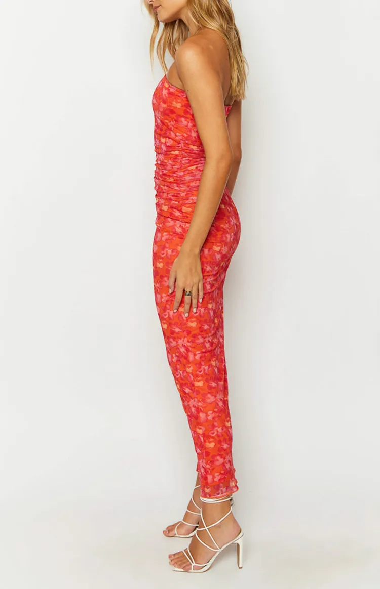 Orange Floral Ruched Strapless Dress