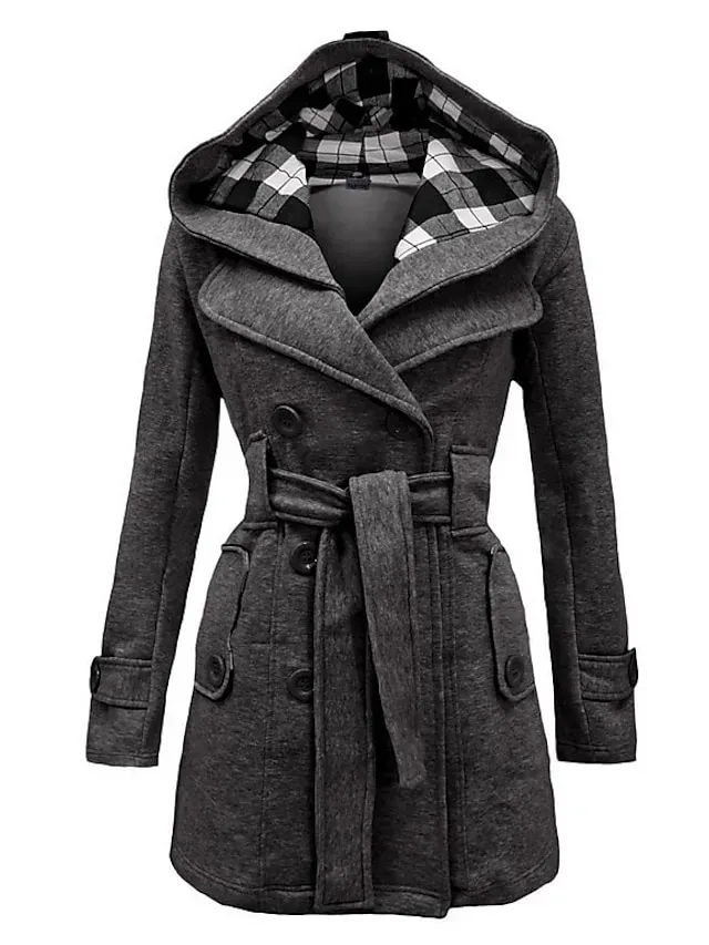 Women's Winter Coat Long Overcoat with Belt Elegant Pea Coat with Plaid Hood Double Breasted Warm Windproof Trench Coat Stylish Contemporary Casual Jacket Long Sleeve Black