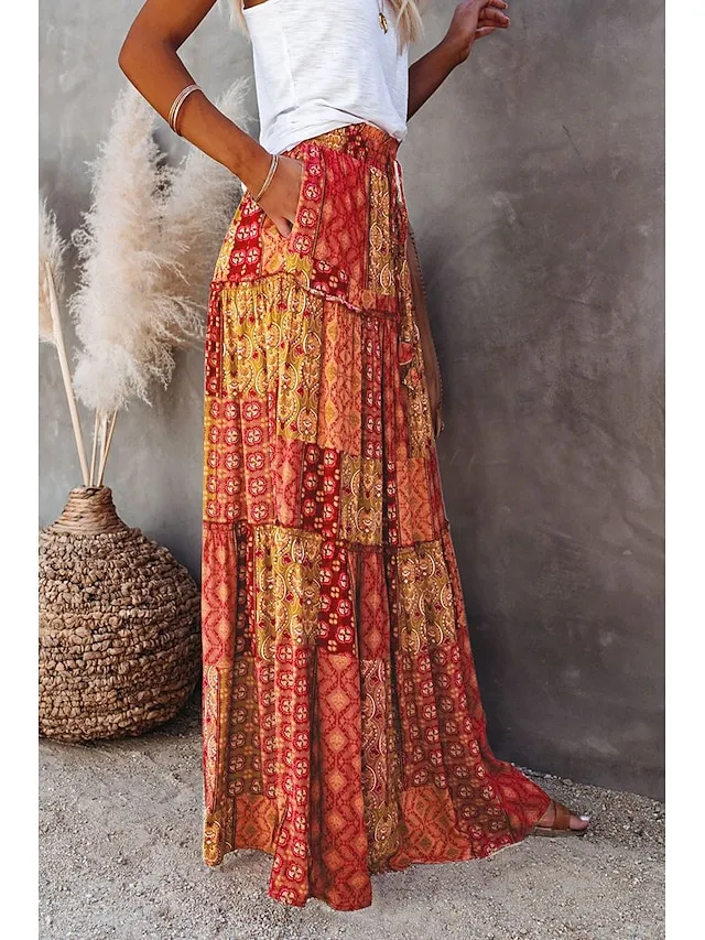 Women's Skirt Swing Long Skirt Maxi Red Blue Purple Orange Skirts Spring & Fall Ruffle Print Fashion coastal grandma style Boho Holiday Casual Daily S M L