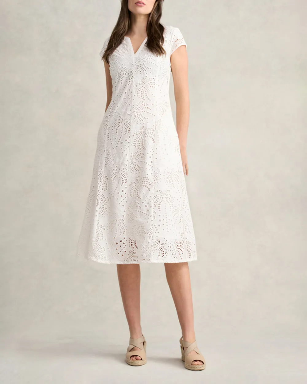 V Neck Short Sleeve Eyelet Midi Dress