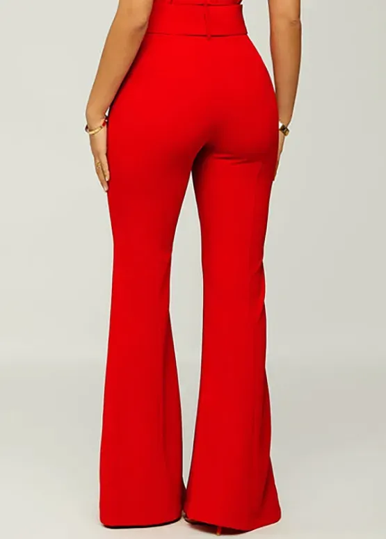Red Breathable Belted Flare Leg Zipper Fly Pants