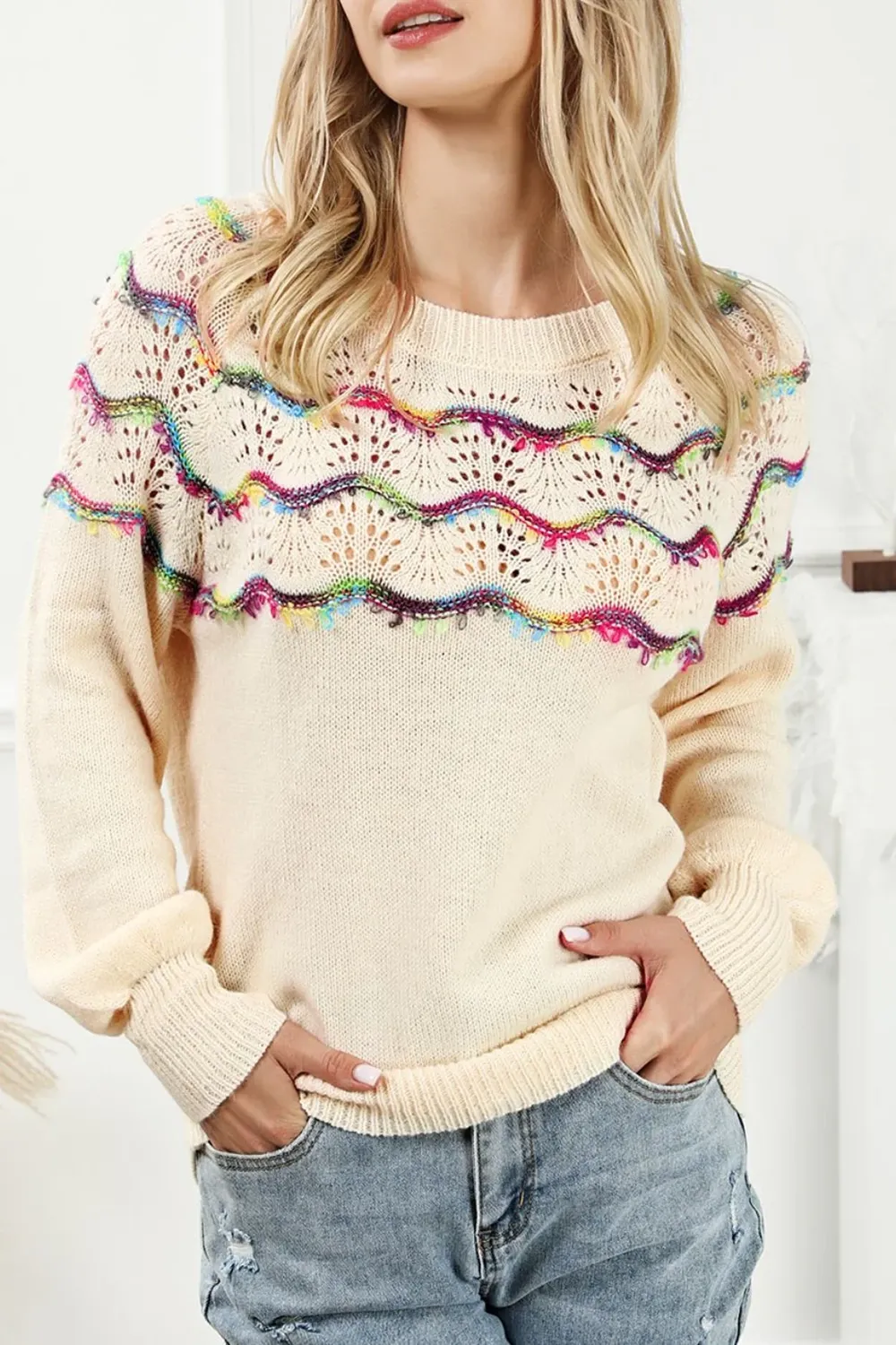 Minimalist Hollow-Out Breathable Cream Knit Sweater