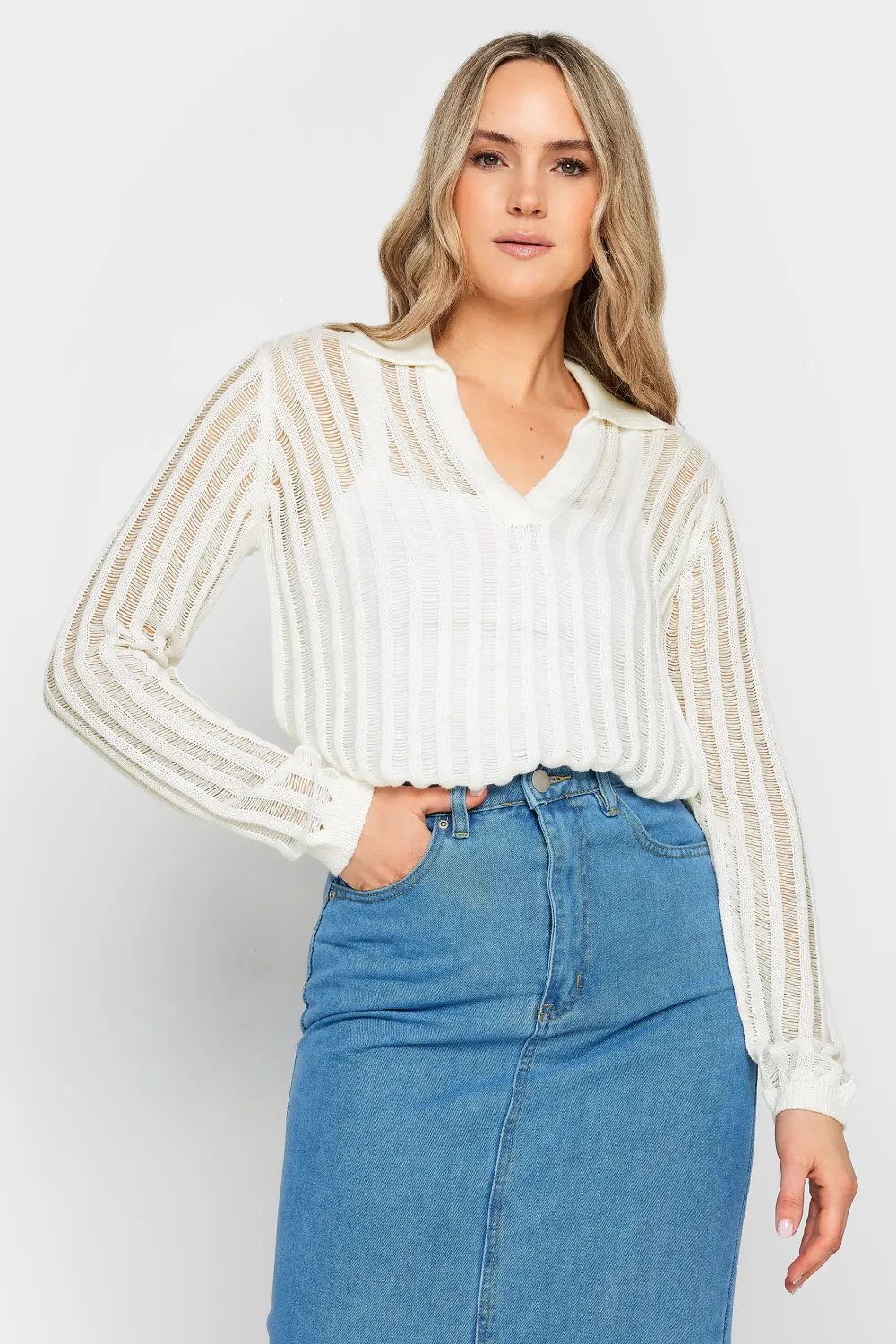 LTS Tall Ivory White Collared Crochet Jumper