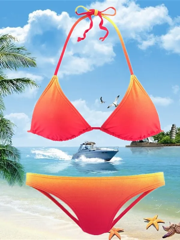 Women's Swimwear Bikini 2 Piece Normal Swimsuit Halter 2 Piece Open Back Sexy Printing Gradient Color Red Green Halter V Wire Bathing Suits Sexy Vacation Fashion