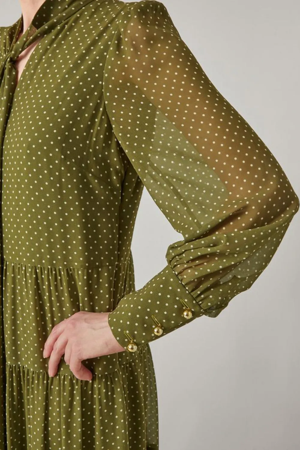 Green Polka Dot Tie Neck Tiered Dress