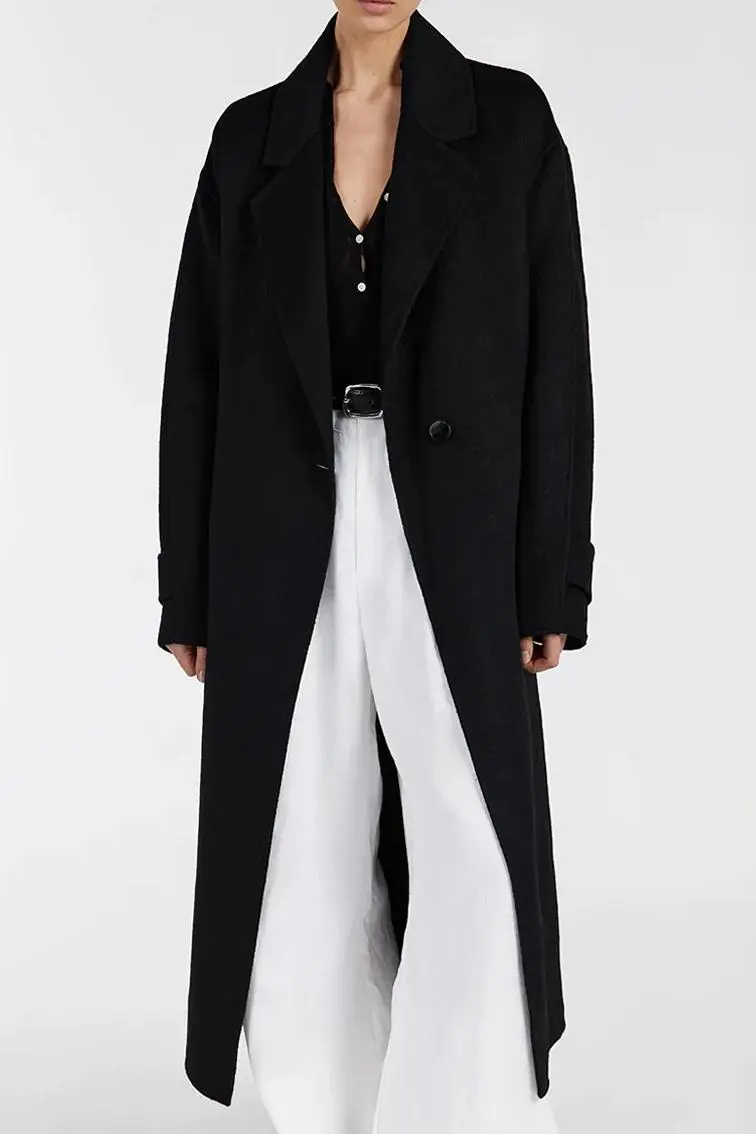BLACK WOOL WRAP COAT
