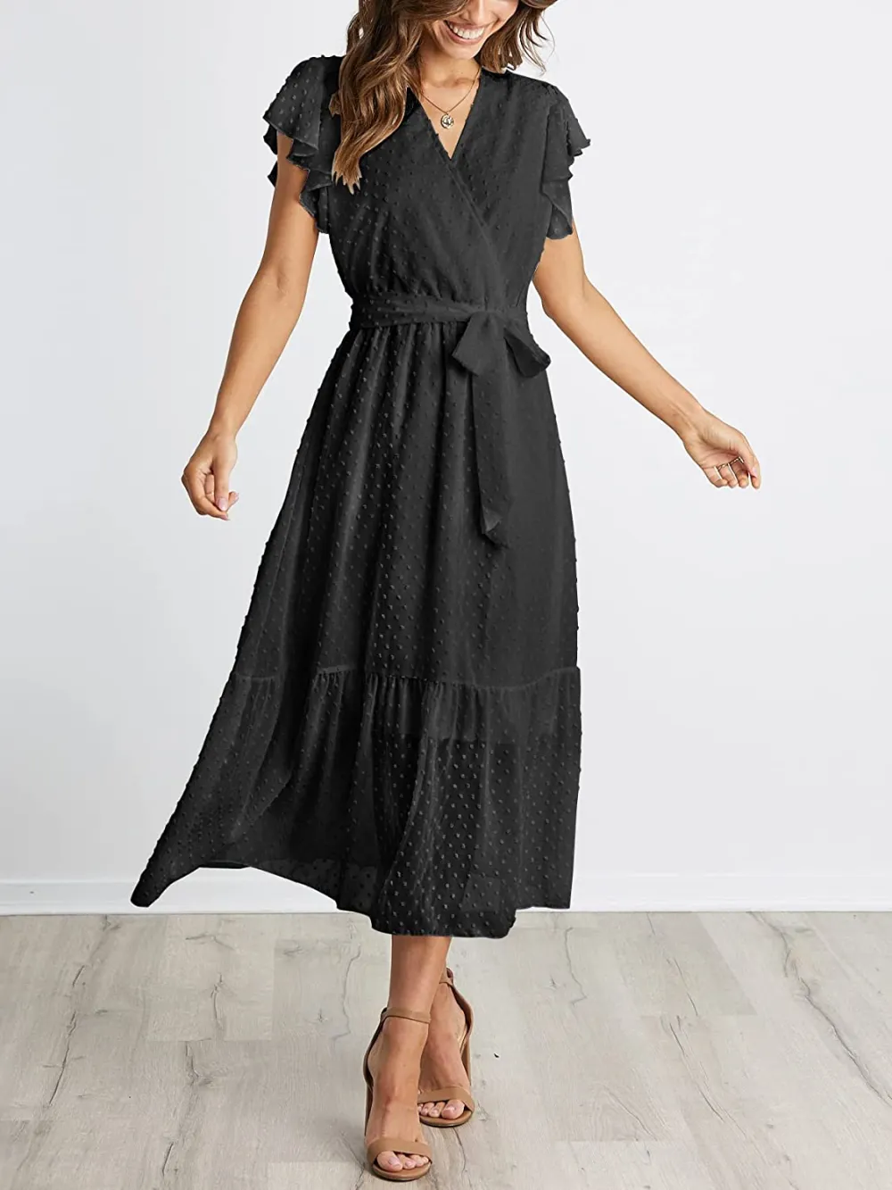 Women Summer Bohemian Floral Casual Wrap V Neck Ruffle Cap Sleeveless Belt A-Line Pleated Hem Swing Midi Sun Dress