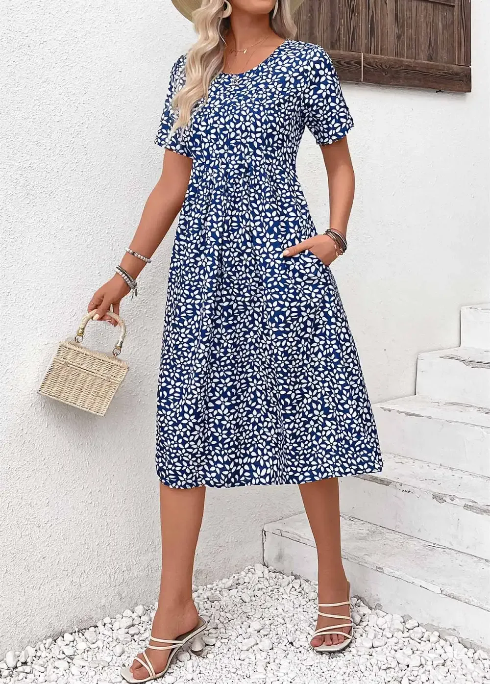 Navy Pocket Ditsy Floral Print Short Sleeve Dress