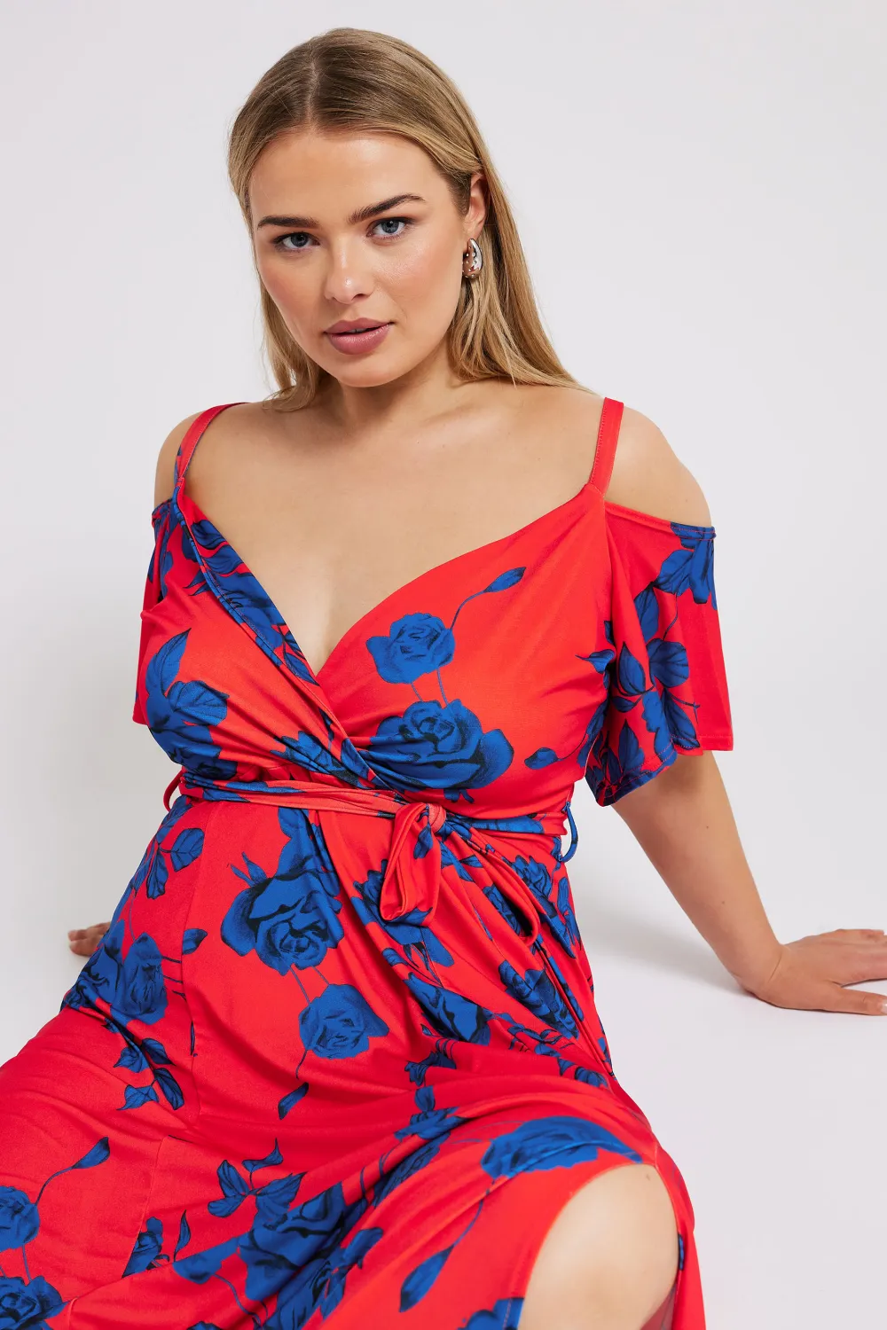 YOURS LONDON Curve Red & Blue Floral Bardot Maxi Dress