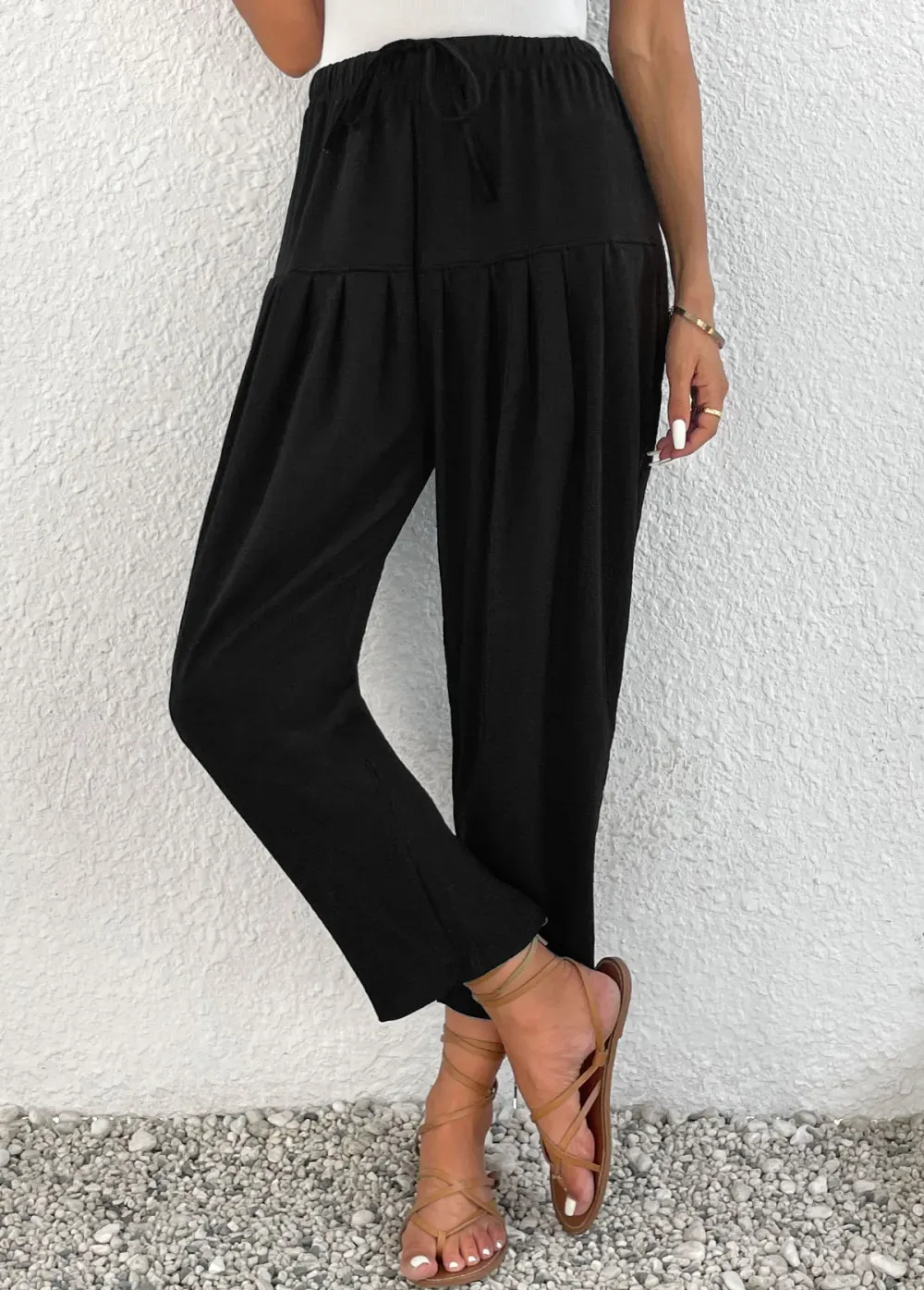 Black Ruched Jogger Elastic Waist High Waisted Pants
